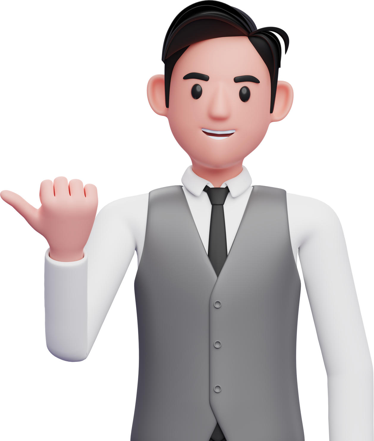 businessman in gray vest suit pointing with thumb aside looking at the camera, 3D illustration of businessman pointing with thumb